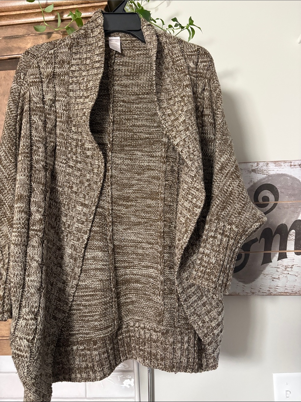 Source Unknown Marled Brown Open-Front Cable Knit Cardigan